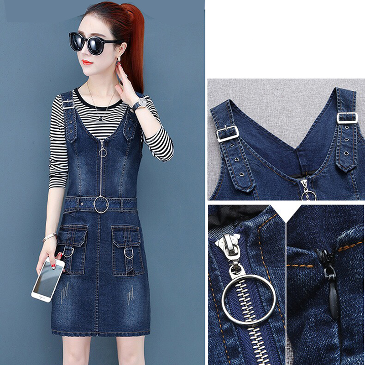 ĐẦM YẾM JEAN CỔ V KHÓA KÉO THẮT ĐAI EO